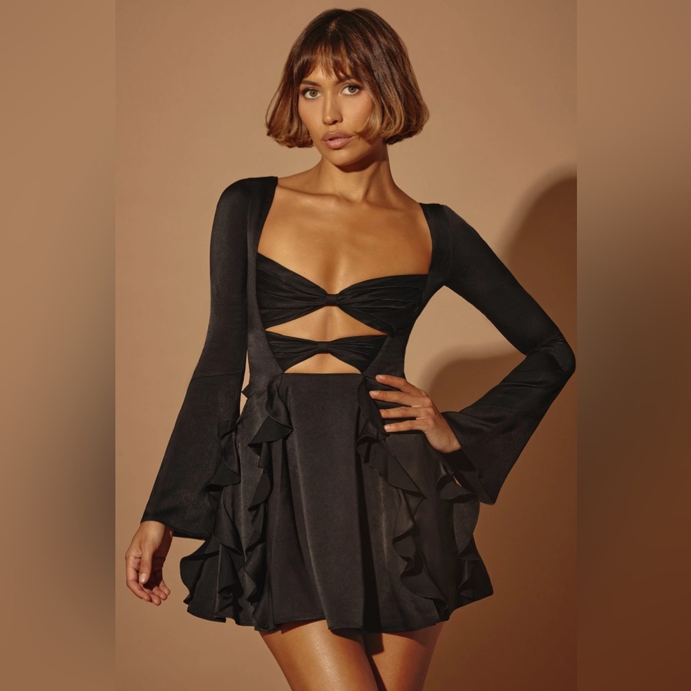 Oh Polly Black Long Sleeve Cutout Ruffle Mini Dress